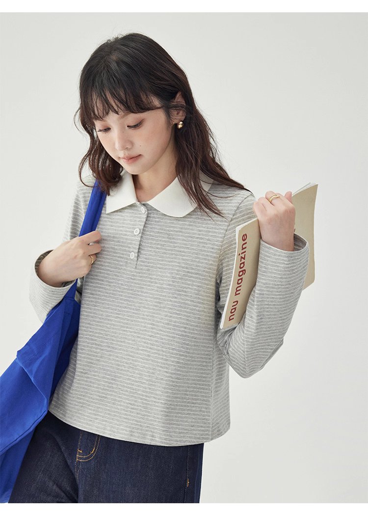 灰色條紋polo半開領t卹女秋季新款寬鬆長袖上衣