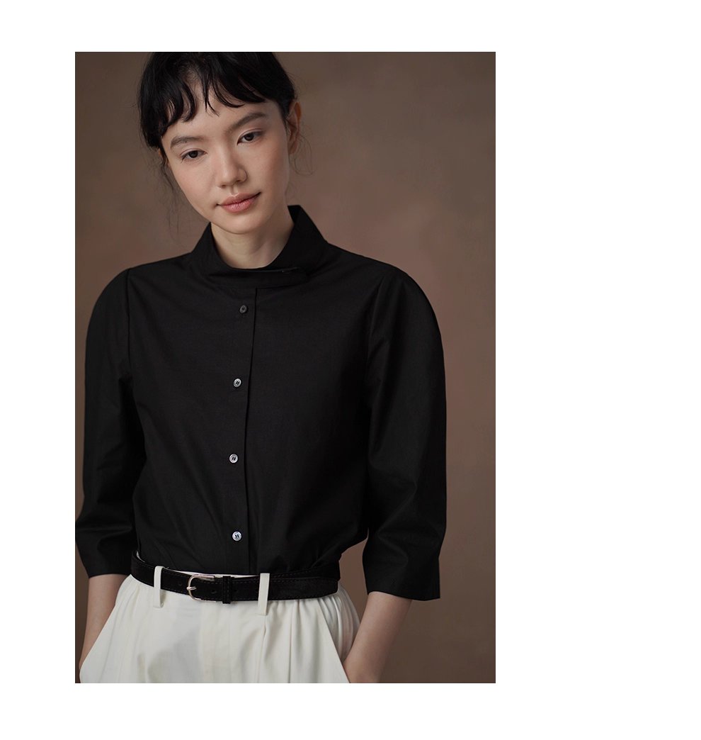 立裁版型挺括親膚萊賽爾棉上衣立領半袖通勤顯瘦襯衫女