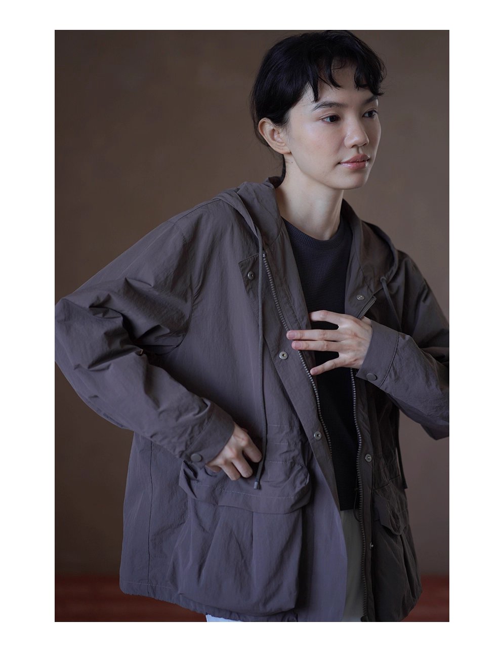 假期健行立體口袋設計抽繩收腰連帽寬鬆顯瘦沖風外套女