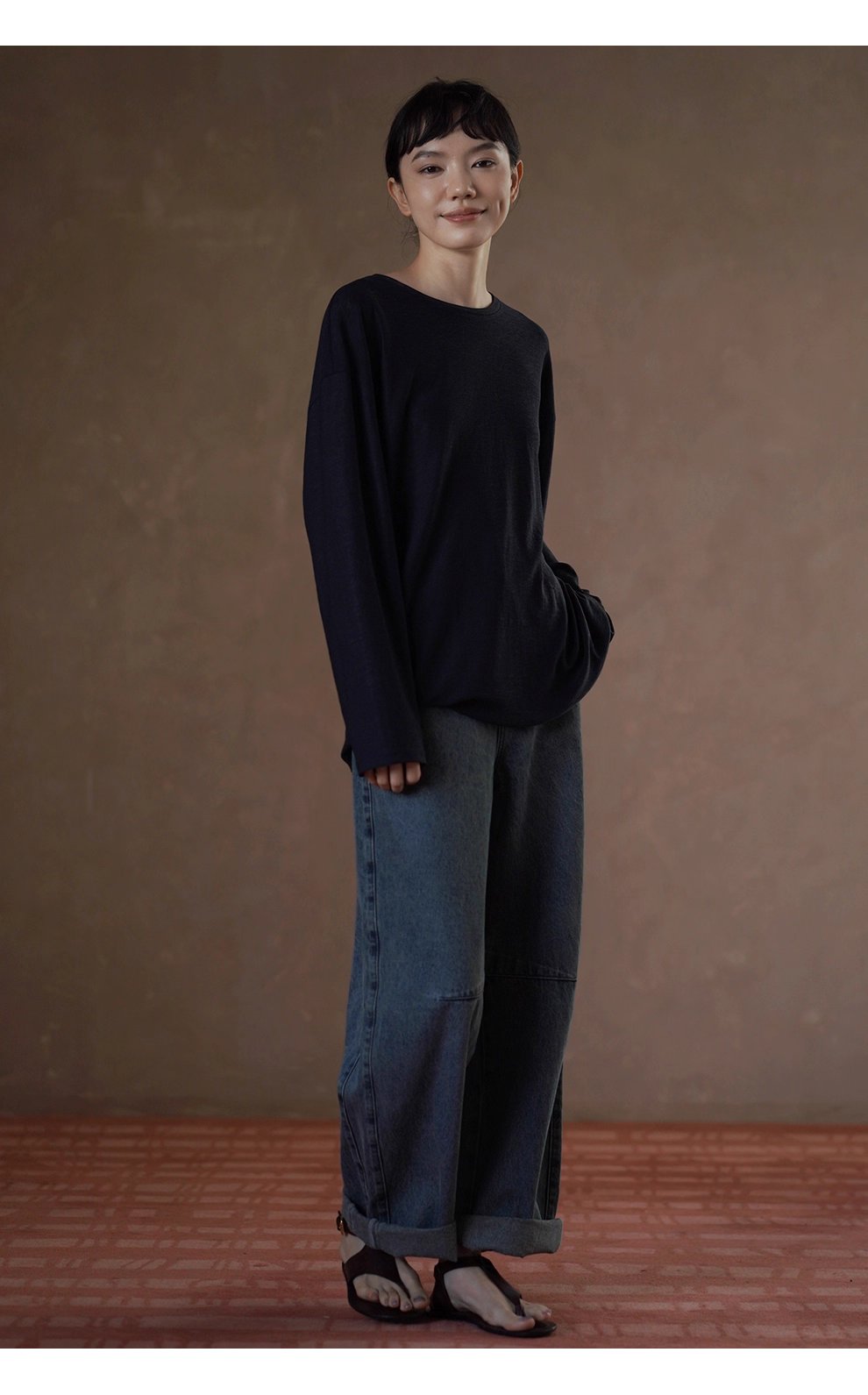 高品質桑蠶絲棉亞麻混紡竹節麻肌理感寬鬆顯瘦長袖T恤女