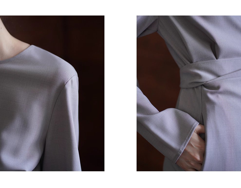 優雅認證高品質TR料簡約圍裹式綁帶收腰長顯瘦洋裝