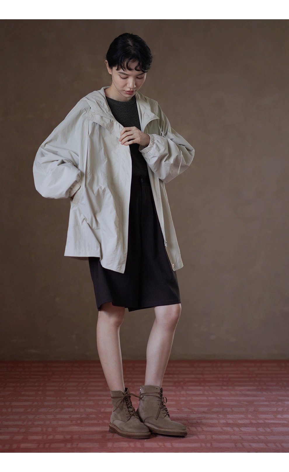 輕盈挺括山系少女外套寬鬆顯瘦連帽中長款輕戶外風衣女