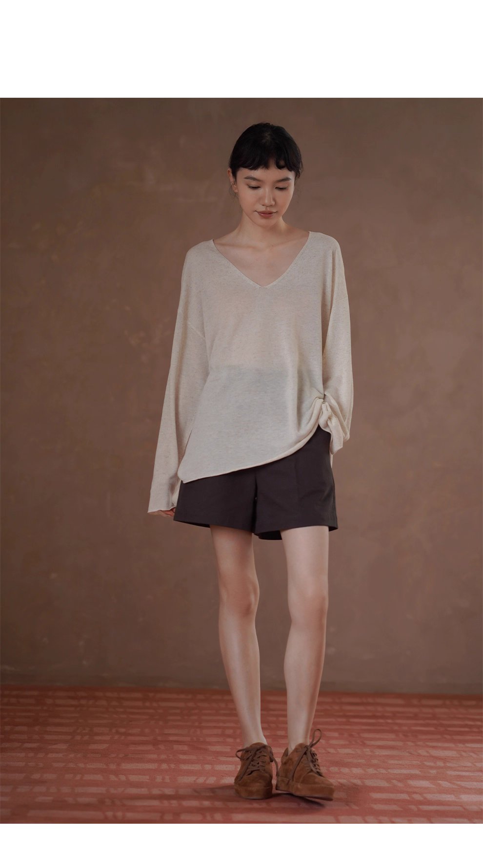 紙片人V領慵懶罩衫清爽天絲亞麻紗線寬鬆顯瘦長袖上衣女