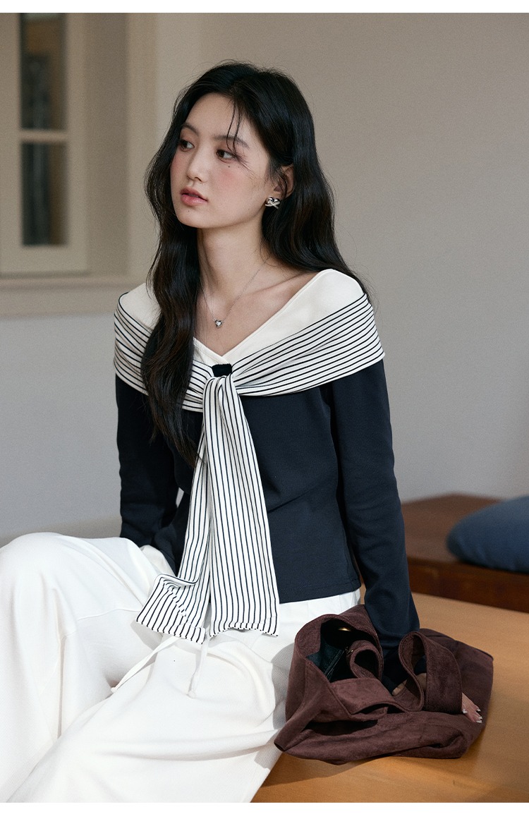 大尺碼條紋飄帶拼接T恤女秋季海軍風上衣