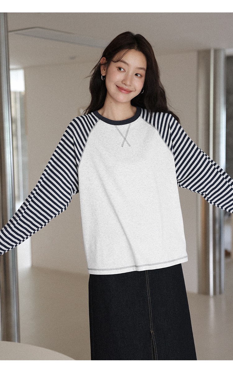 條紋長袖花灰色T恤女2025全新內搭秋裝大尺碼遮肚上衣