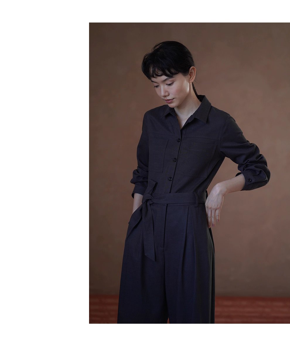 酷颯都市工裝寬鬆襯衫領闊腿顯瘦萊賽爾棉通勤連身褲