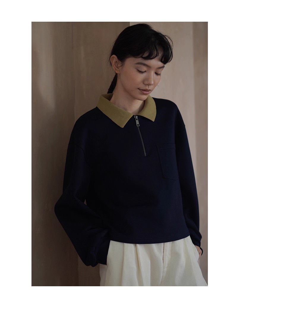 正統學院風撞色Polo領衛衣空氣層針織布料寬鬆顯瘦上衣