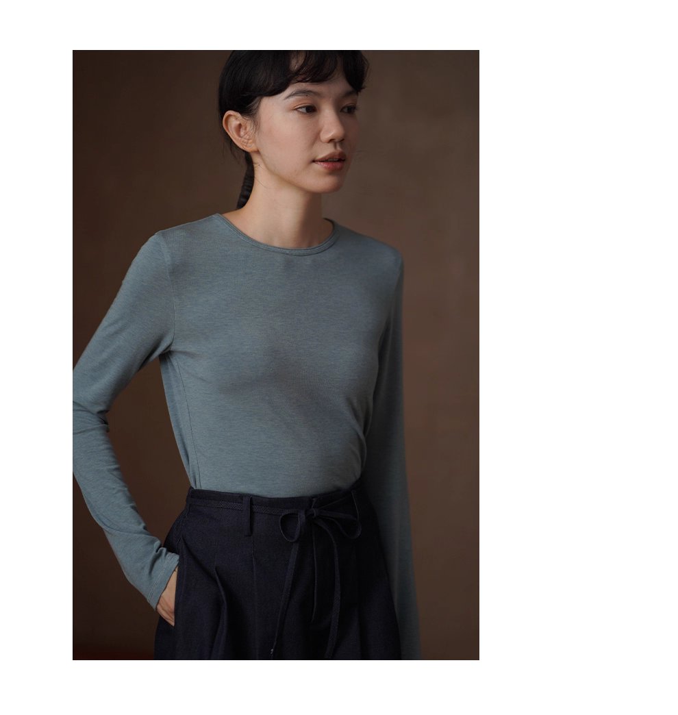 貼身保護舒適彈性軟糯親膚綿羊毛萊賽爾長袖圓領合身T恤