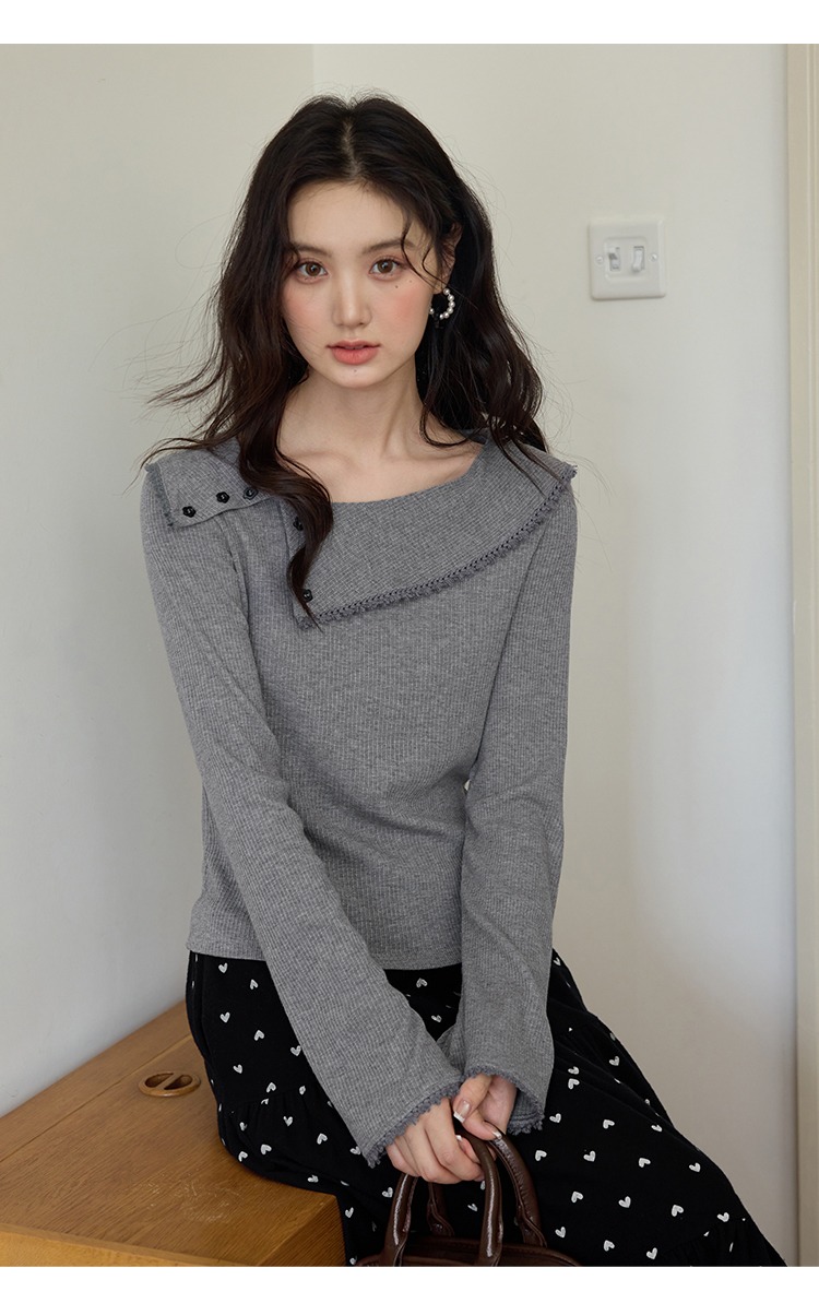 中大尺碼胖mm灰色針織衫女新款長袖斜領上衣