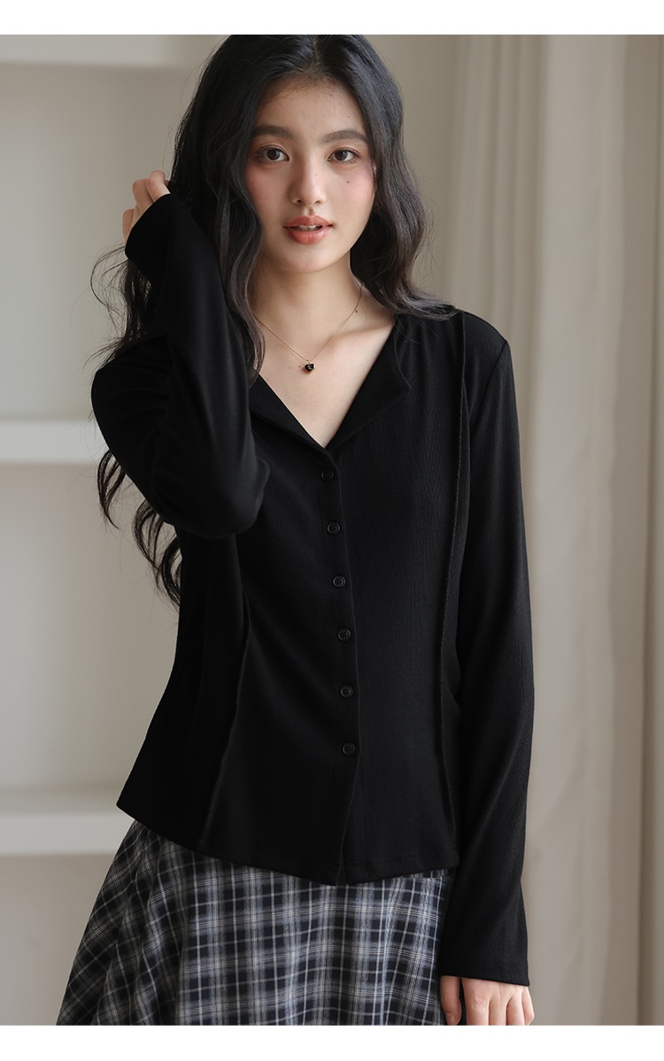 大尺碼胖mm長袖T恤全新款黑色半開領收腰上衣