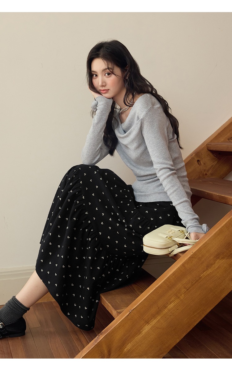 中大尺碼愛心印花A字蛋糕裙黑色長裙磨毛秋季裙子