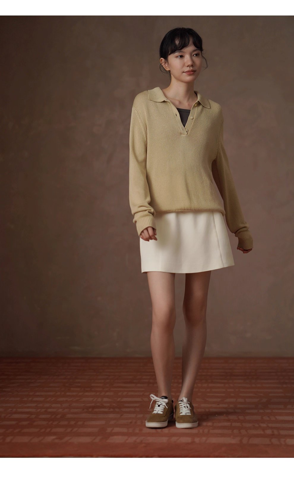 溫和薑茶亞麻鬆弛寬鬆復古顯瘦Polo領針織落肩通勤上衣