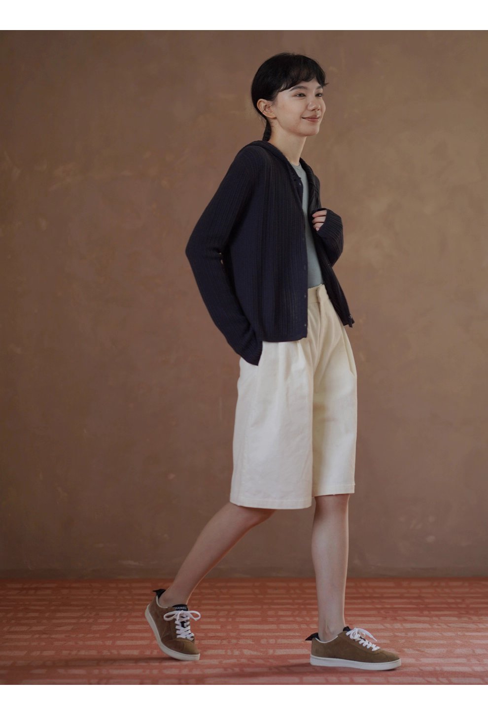 48支超細美利奴羊毛混紡顯瘦坑條織法寬鬆連帽針織開襟衫