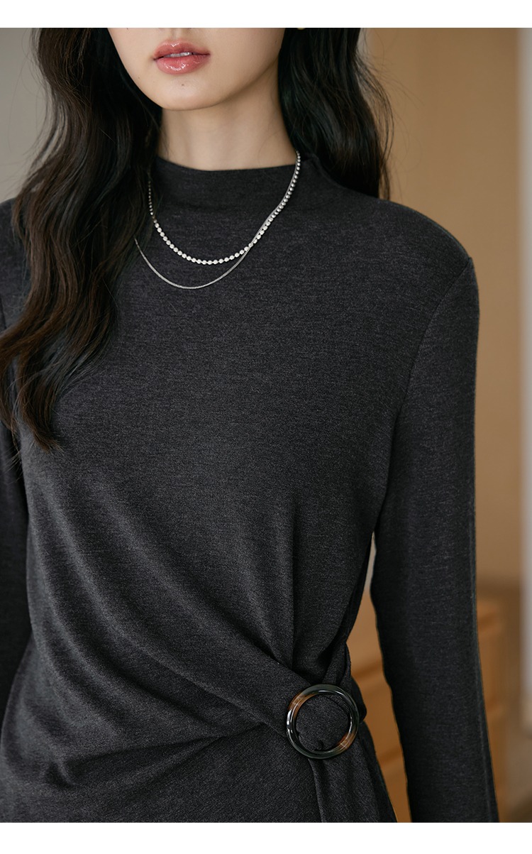 中大尺碼長袖T恤女飄帶上衣半高領打底衫上衣