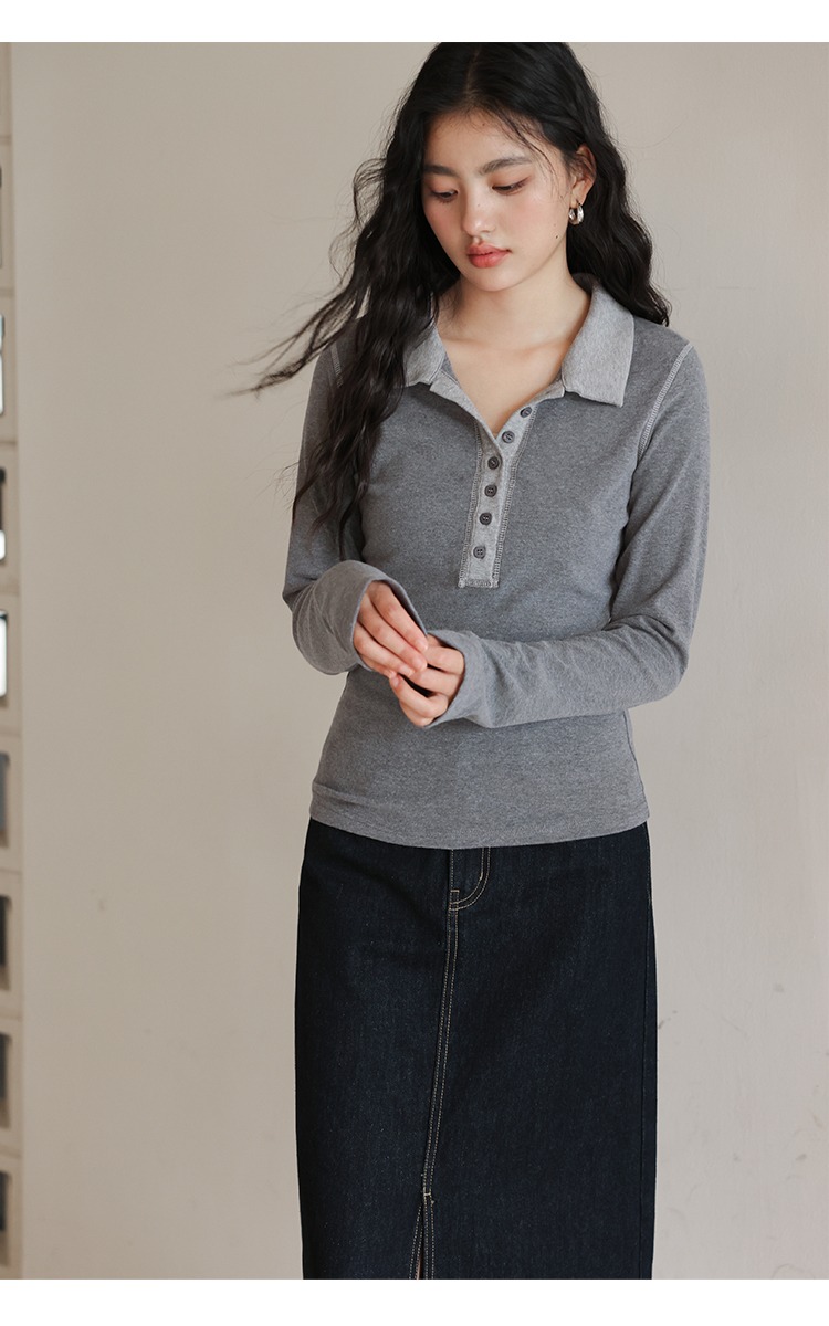 大尺碼正肩Polo領子長袖T恤女灰色上衣