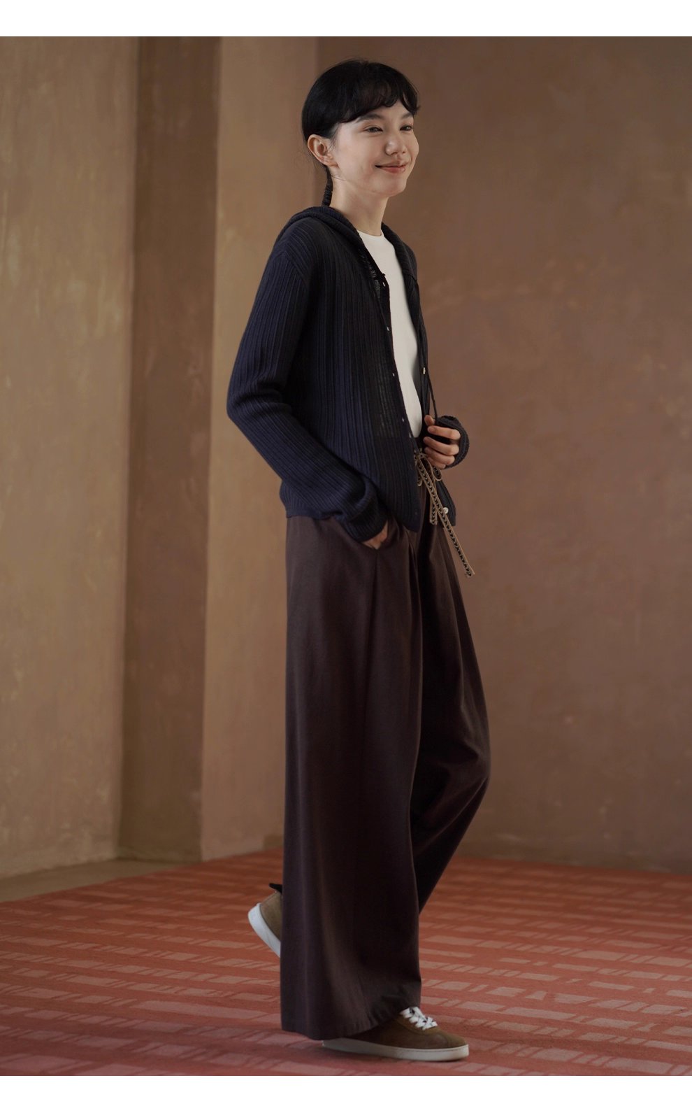 榛果拿鐵長褲顯瘦輪廓柔軟寬鬆織帶抽繩高腰遮肉闊腿褲