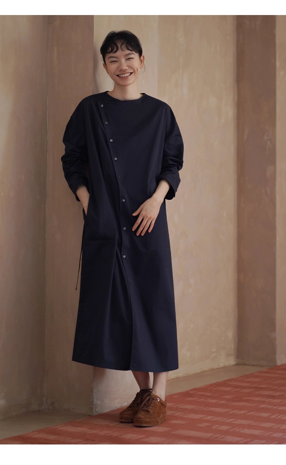 不對稱美學斜門襟洋裝挺括100%棉長遮肉顯瘦裙女