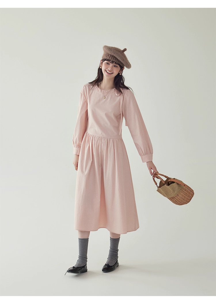 法式繫帶圓領粉紅洋裝女秋新款長袖a字中長裙