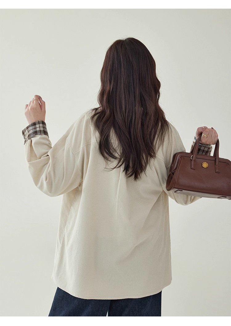 撞色格紋燈芯絨長袖襯衫女秋季新款翻領外套上衣