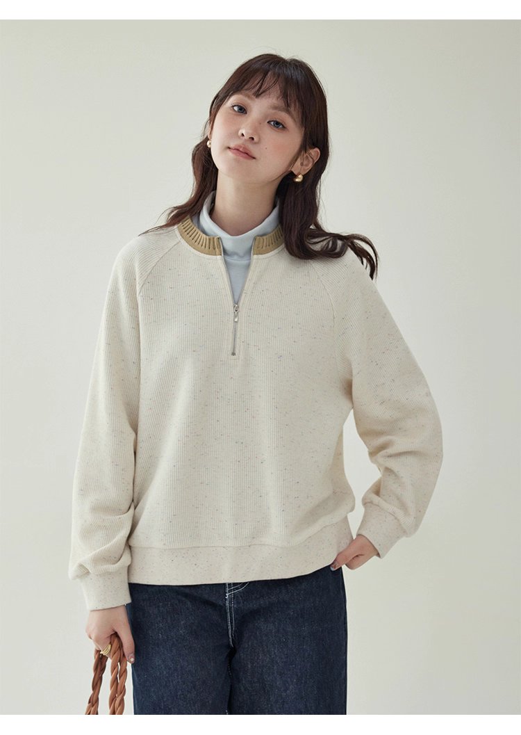 撞色彩點半開拉鍊衛衣T恤女秋季新款插肩袖上衣