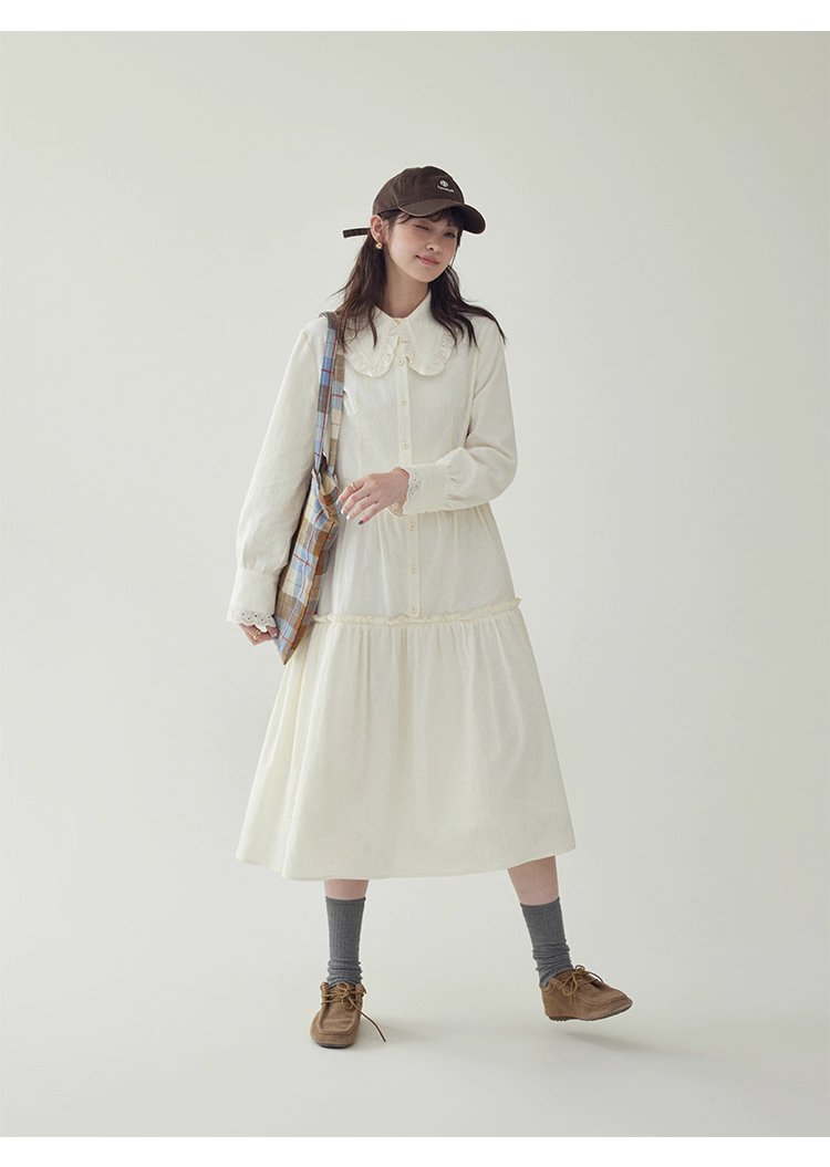 減齡純色花邊翻領洋裝女秋季新款中長娃娃裙