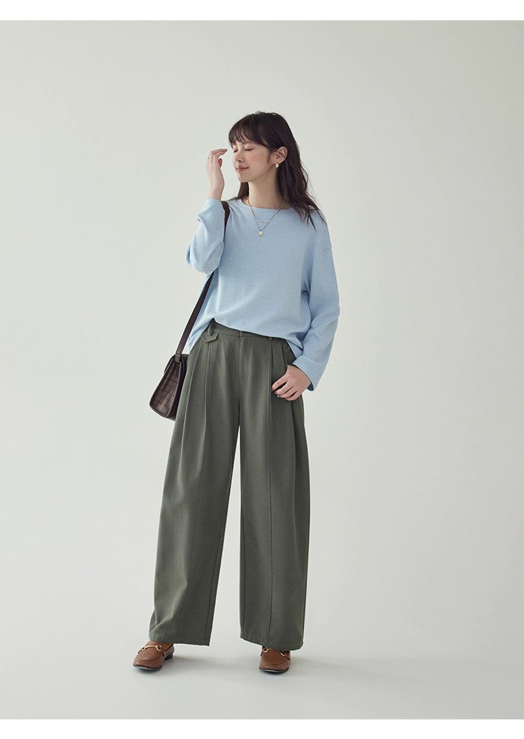 韓系藍線圓領長袖T恤女秋季新款簡約寬鬆上衣