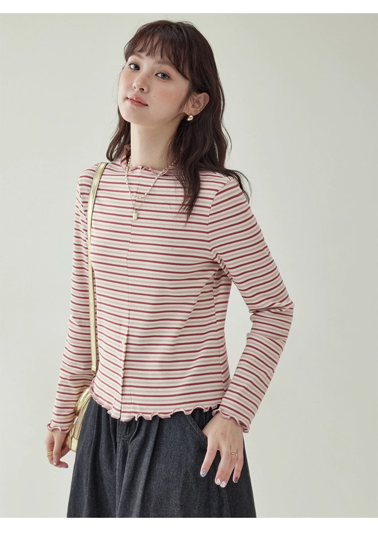 下擺扣條紋兩穿內搭T恤女秋新款花邊長袖上衣