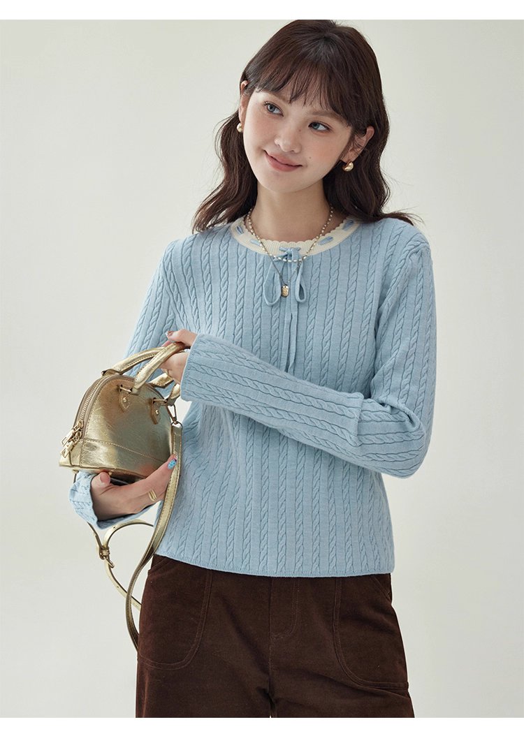 藍色綁帶圓領扭花針織衫女秋季新款百搭長袖上衣