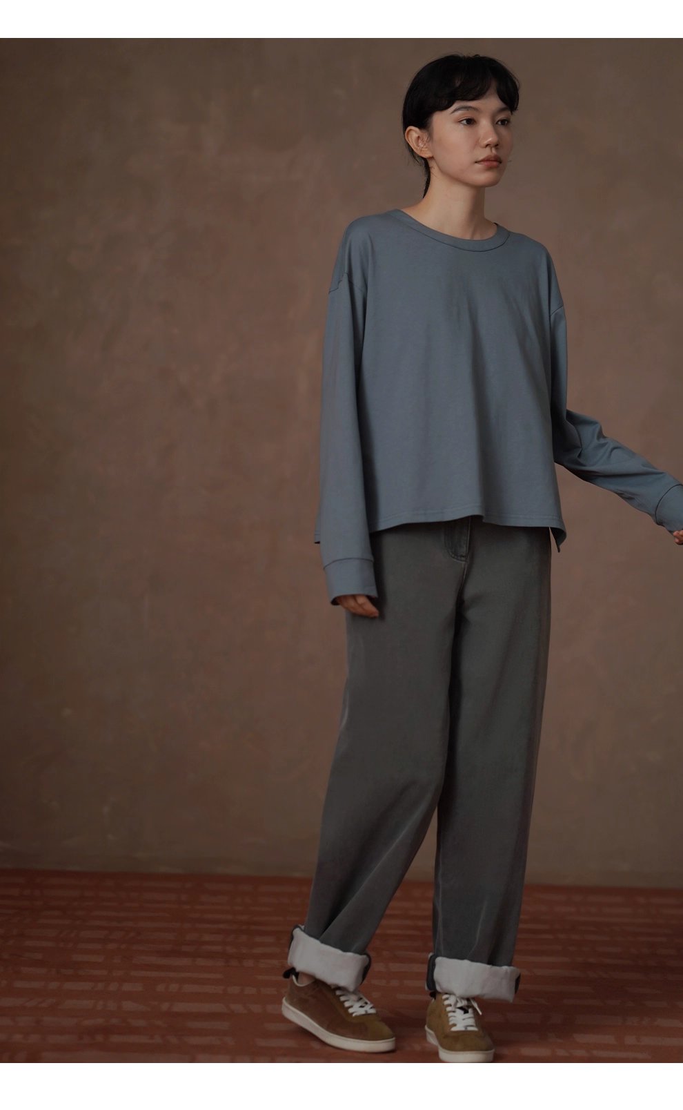 挺闊水洗100棉擦絨手感寬鬆後領口紐扣顯瘦百搭長袖上衣