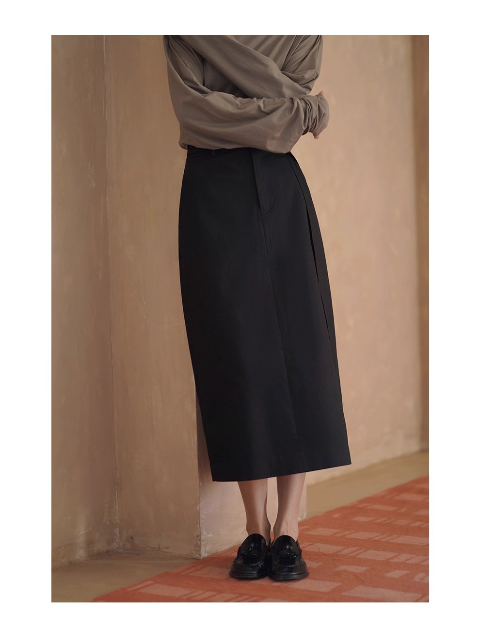 挺括立體棉感直筒高腰通勤顯瘦遮肉可調式腰帶半身裙女