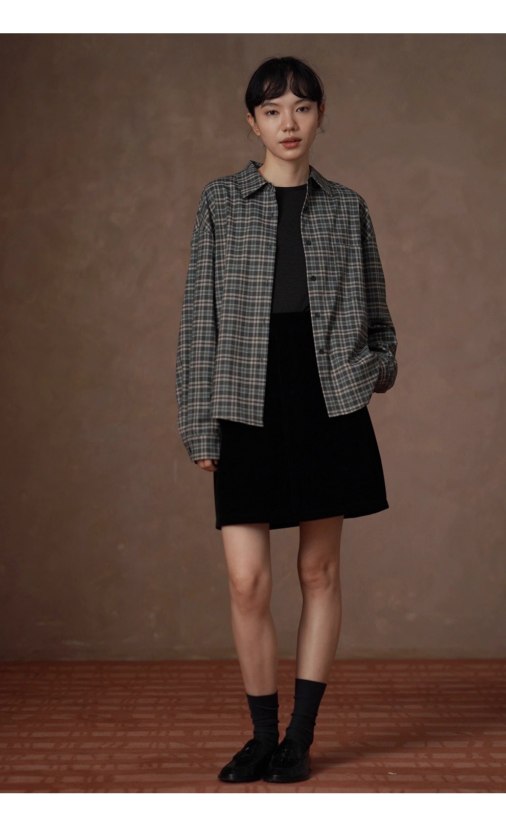 馬德拉斯復古格紋襯衫落肩寬鬆英倫疊穿學院翻領上衣女