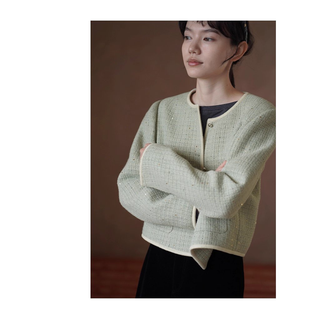 茉莉花紗編織小香羊毛混紡肌理感通勤顯瘦短版西裝外套