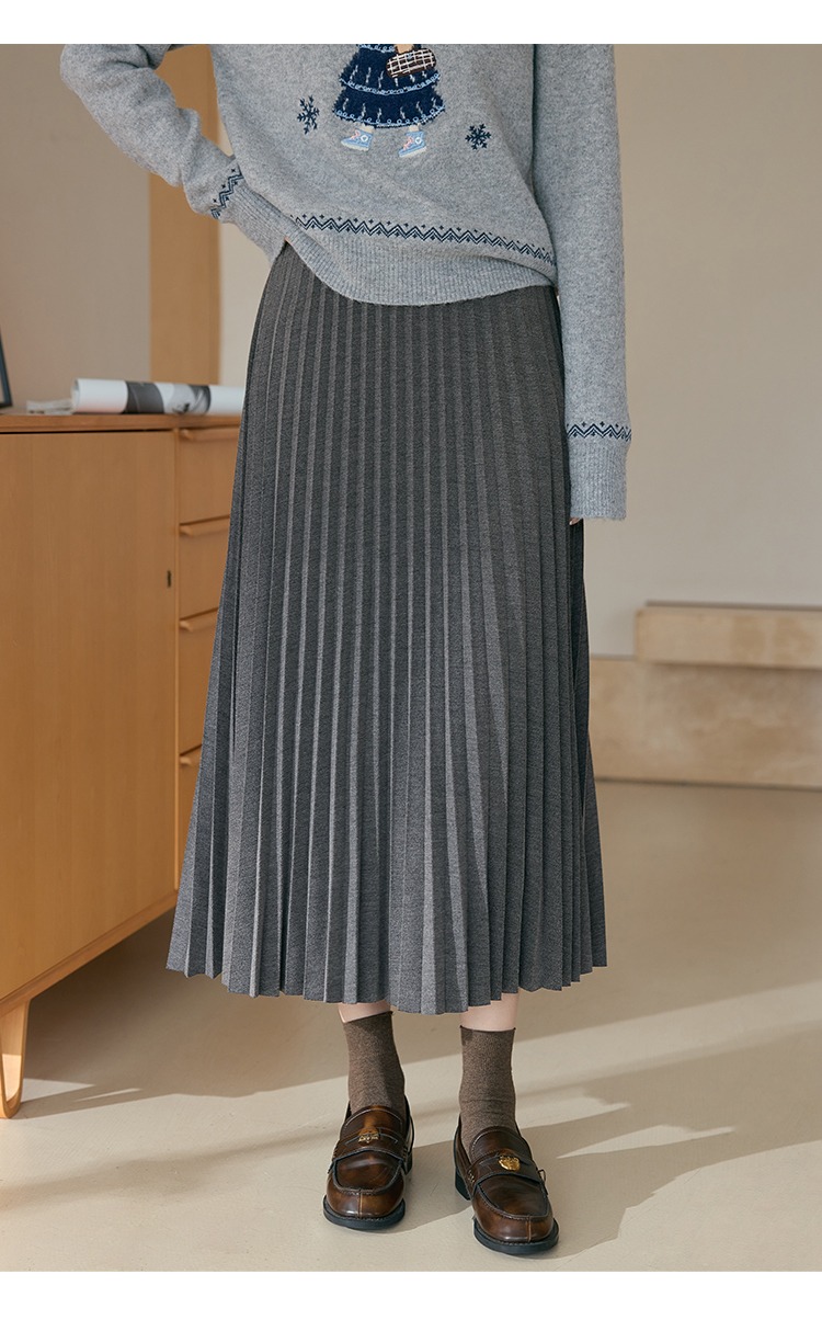 大尺碼女裝高腰A字半身裙灰色百褶裙長款裙子