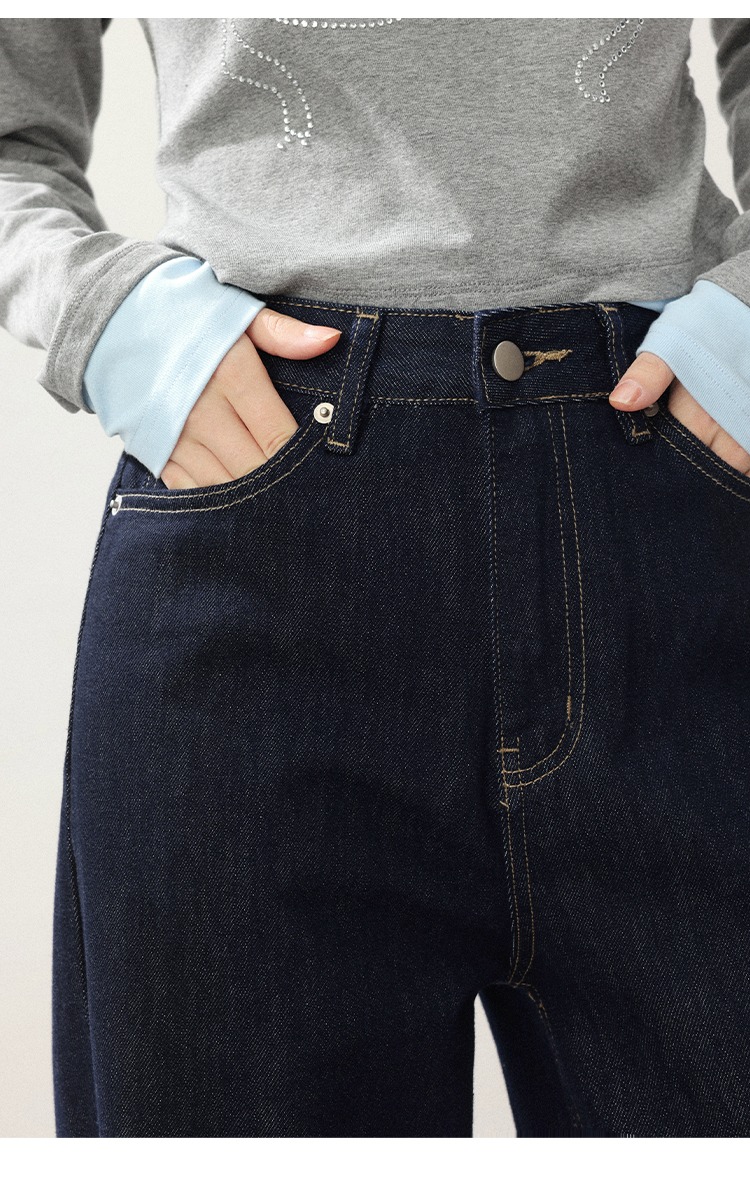 高腰直筒牛仔褲胖mm顯瘦深藍色寬褲