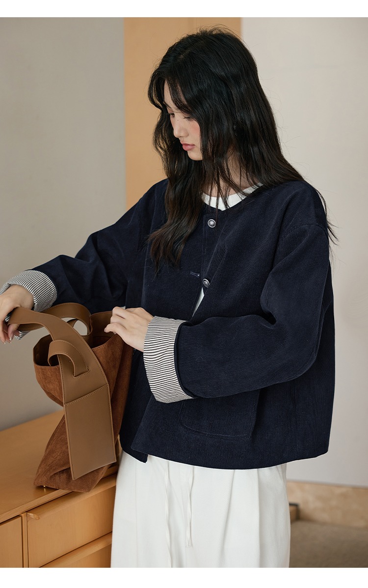 胖mm大尺碼燈芯絨外套韓系穿搭深藍色開衫外套