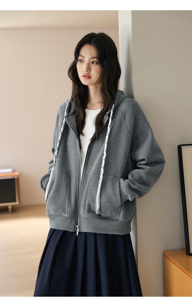 大尺碼連帽刷絨外套寬鬆上拉鍊長袖外套