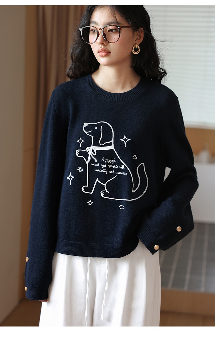 大尺碼小狗刺繡毛衣慵懶針織衫秋冬寬鬆上衣