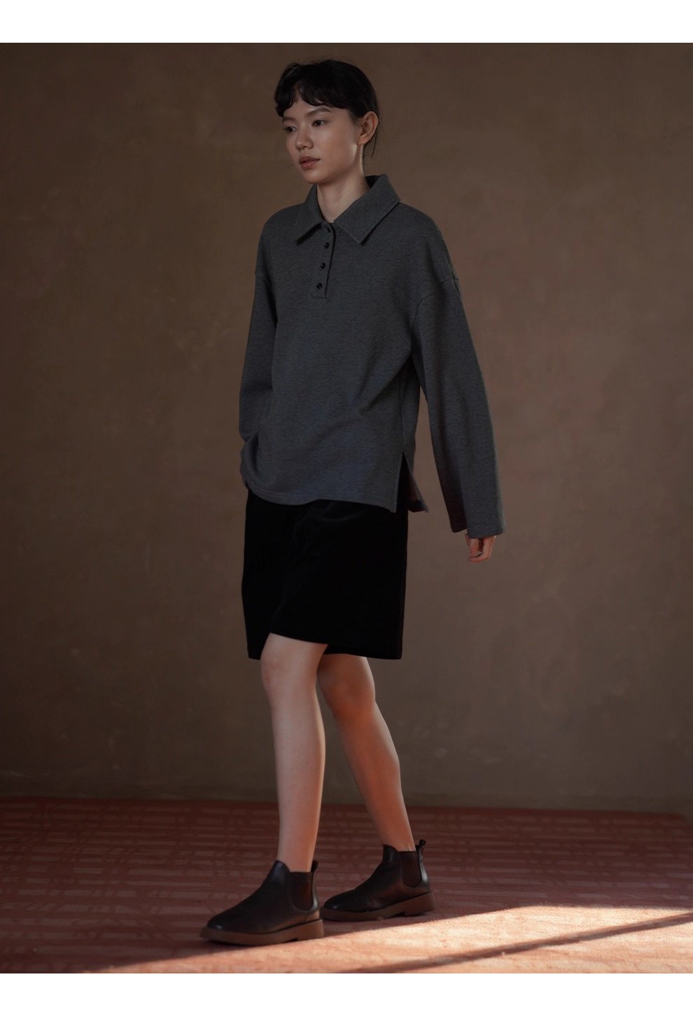 復古經典休閒碰撞Polo領寬鬆顯瘦100棉做舊花灰落肩衛衣