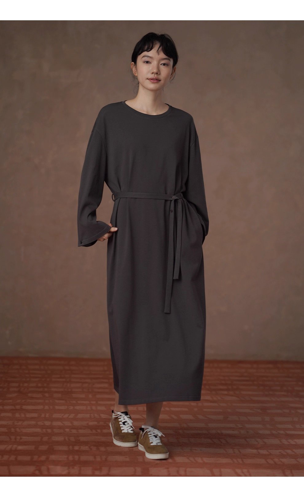 綿柔禪意100棉寬鬆直筒圓領可調式腰帶顯瘦藏肉通勤裙子