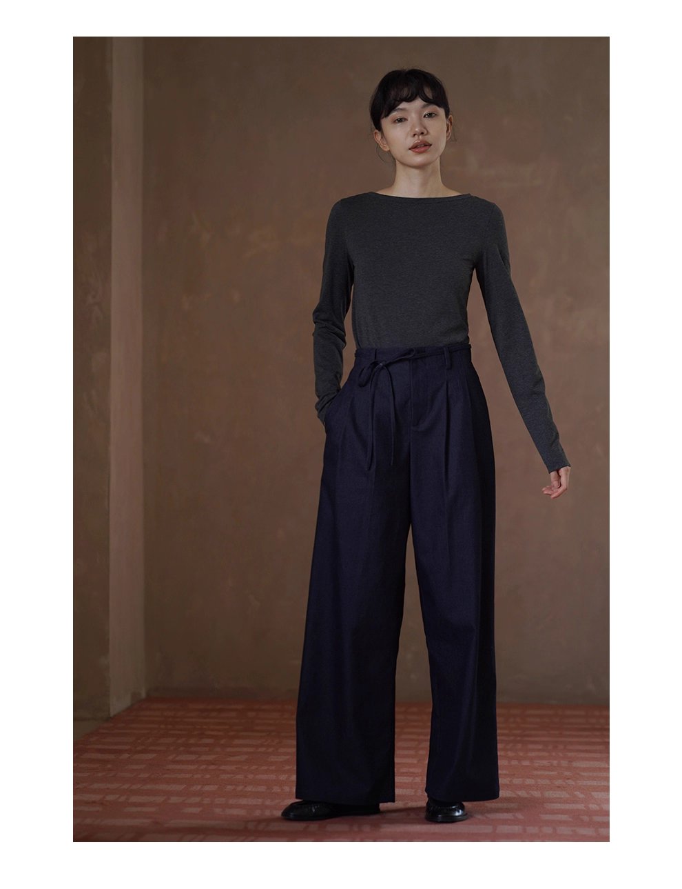 S級基本款內搭深花灰肌理彈性顯瘦合身一字領長袖上衣女