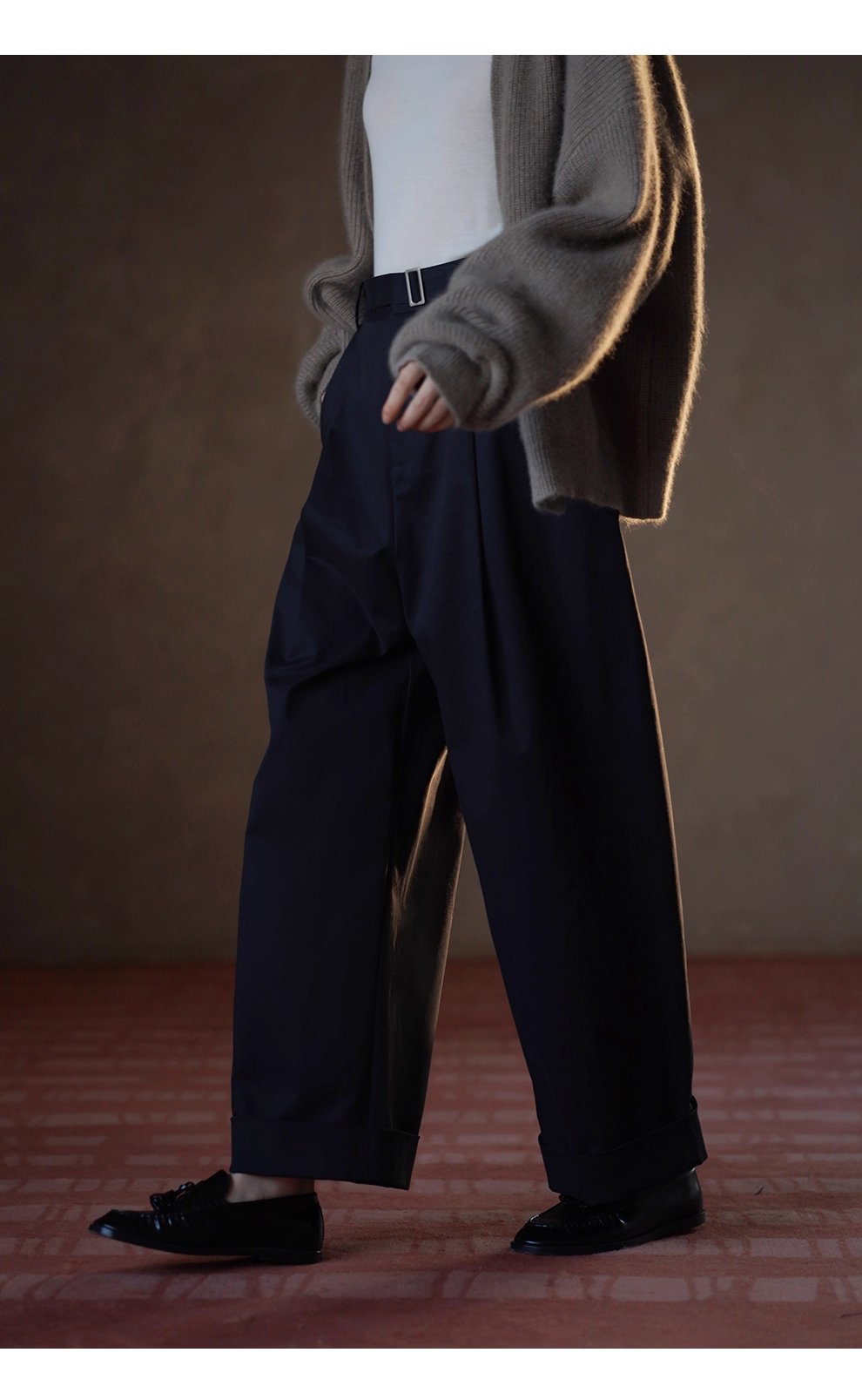 無可挑剔挺括棉感可調式腰帶直筒寬鬆闊腿顯瘦高腰長褲