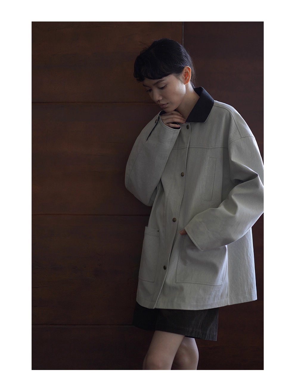 復古工裝健行外套斜紋挺括寬鬆顯瘦撞色翻領一手長風衣