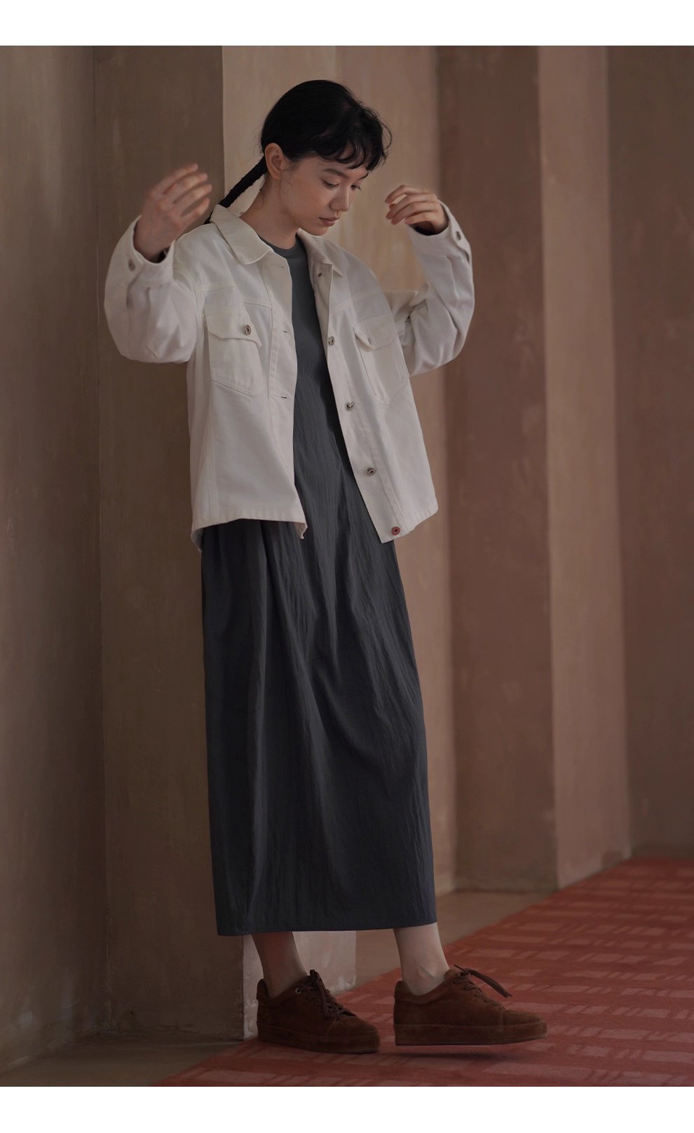 復古工裝立體口袋水洗100棉柔軟斜紋牛仔寬鬆翻領外套女