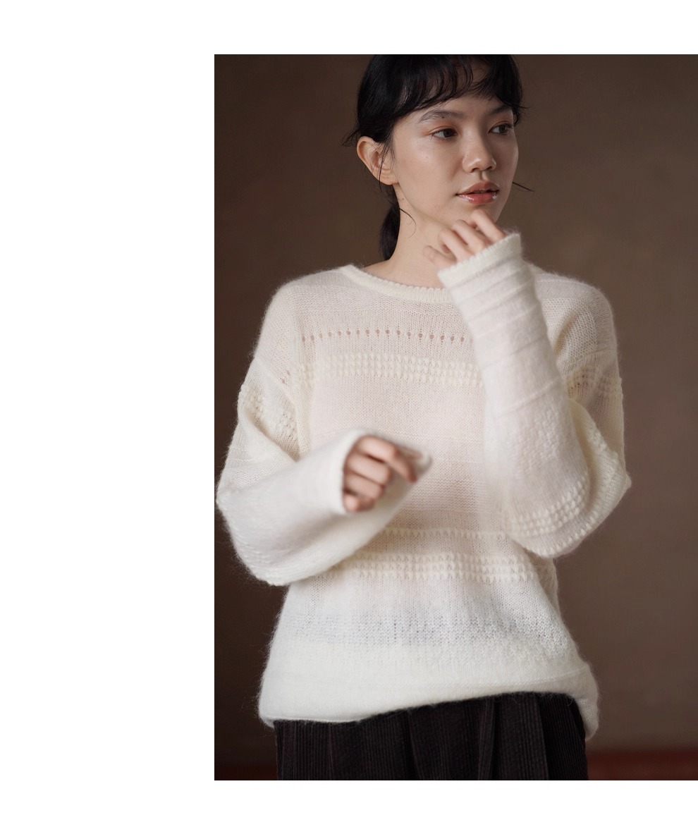 浪漫詩篇唯美重工鉤花馬海毛綿羊毛混紡圓領寬鬆毛衣女