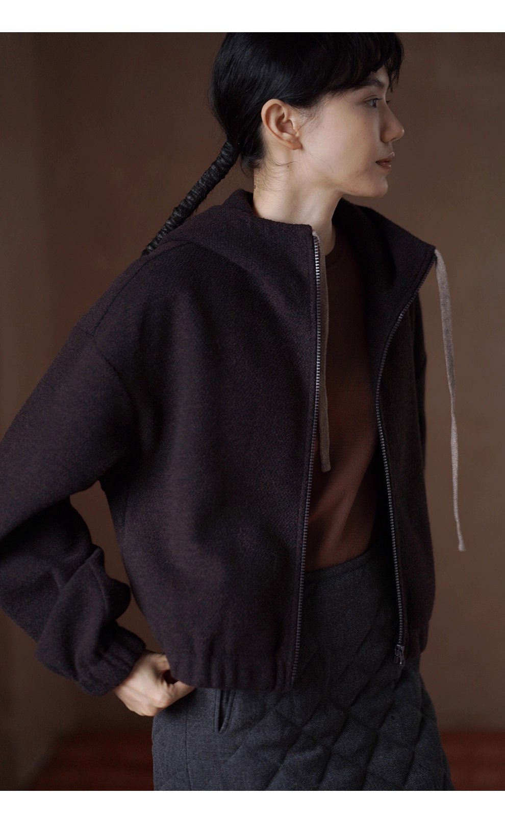 榛果咖濃鬱質感加厚綿羊毛混紡寬鬆短連帽衛衣外套女