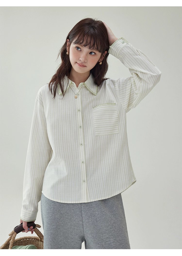 反線條單排扣長袖襯衫女秋季新款polo領寬鬆上衣