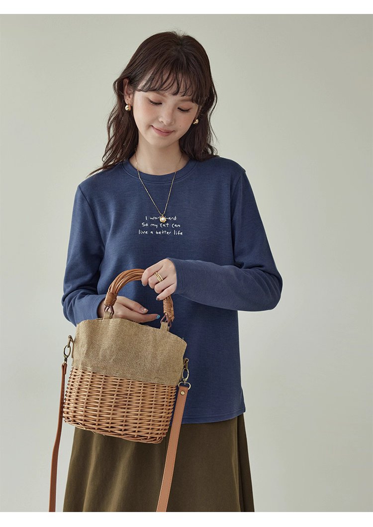 日系刺繡圓領雙面絨長袖T恤女秋季新款百搭上衣