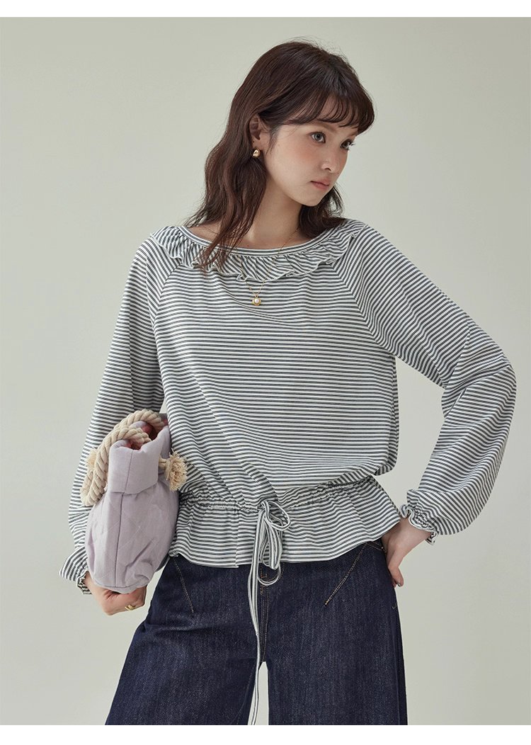 小眾抽繩下擺條紋花邊T恤女秋新款寬鬆長袖上衣