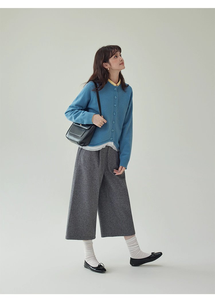 拼接蕾絲下擺藍色針織衫女秋季新款紐帶長袖上衣