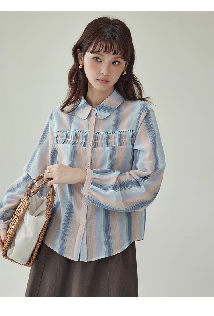 少女感鏤空拼接條紋襯衫女秋季新款純棉長袖上衣